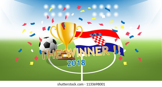 Football league winner 2018, Croatia become champion at Final round. Soccer Field stadium at perspective view.