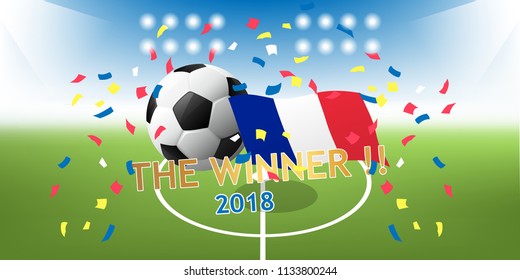 Football league winner 2018, France become champion at Final round. Soccer Field stadium at perspective view.