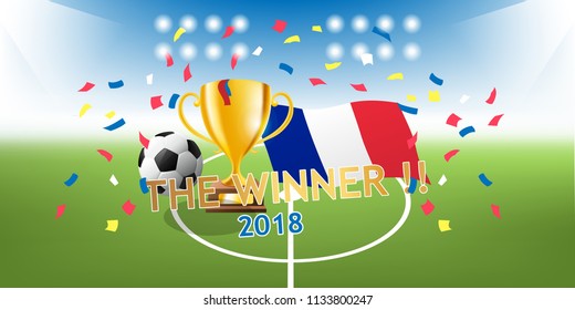 Football league winner 2018, France become champion at Final round. Soccer Field stadium at perspective view.