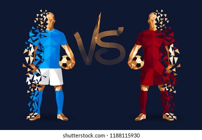 Football, Light blue and dark red soccer players holding vintage footballs, representing two opposing teams, standing isolated with flat background and a versus sign between them, vector illustration