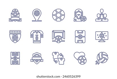 Football line icon set. Editable stroke. Vector illustration. Containing footballfield, gaelicfootball, badge, soccerball, footballclub, football, soccer, television, footballplayer, footballcourt.