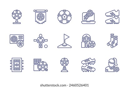 Football line icon set. Editable stroke. Vector illustration. Containing footballboots, ball, broadcast, corner, tablefootball, footballplayer, footballtrophy, footballcard, football, footballsocks.