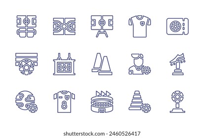 Conjunto de iconos de línea de fútbol. Trazo editable. Ilustración vectorial. Conteniendo cono, camiseta, tablero, estadio, camiseta, jugador de fútbol, campo de fútbol, futbol de mesa, fútbol, mundial, boleto.