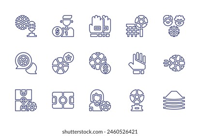 Football line icon set. Editable stroke. Vector illustration. Containing footballfield, gambling, footballplayer, trophy, soccer, cone, footballgloves, football.