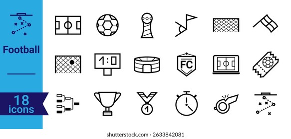 Football Line Icons Set – minimalist black outlined icons including stadium, trophy, ball, whistle, tactics, and more. Perfect for apps, websites, and sports design projects.