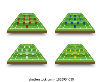 Football lineup formation and tactics on perspective field, vector illustration