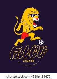 Football lion. Funny lion character running with a soccer ball vintage typography silkscreen t-shirt print vector illustration.