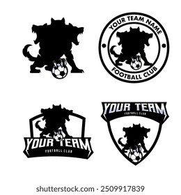Football logo badge with Ciberus holding soccer ball in shield Isolated white background.
