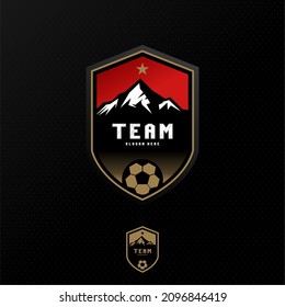 football logo with ball element, soccer logo, with the concept of shield and mountain