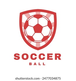 El diseño del logotipo del fútbol es minimalista y moderno, utilizando un llamativo color rojo. Este logotipo presenta un icono de escudo con una pelota de fútbol en el centro