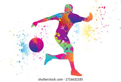 Football logo design. Soccer player kick the goal. Colorful sport background. Vector illustration.