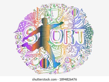 Football logo design. Soccer player kick the goal. Colorful sport background. Vector illustration.