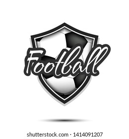 Football logo design template. Soccer emblem pattern. Soccer ball and shield with vintage lettering on an isolated background. Print on t-shirt graphics. Vector illustration