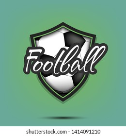 Football logo design template. Soccer emblem pattern. Soccer ball and shield with vintage lettering on an isolated background. Print on t-shirt graphics. Vector illustration