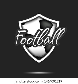 Football logo design template. Soccer emblem pattern. Soccer ball and shield with vintage lettering on an isolated background. Print on t-shirt graphics. Vector illustration