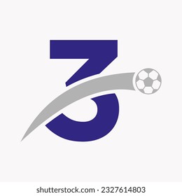 Football Logo On Letter 3 With Moving Football Icon. Soccer Logo Template