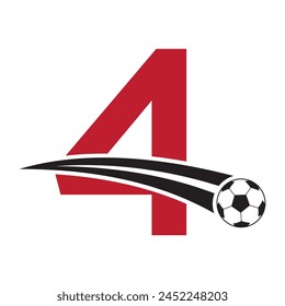 Football Logo On Letter 4 Concept With Moving Football Symbol. Soccer Sign