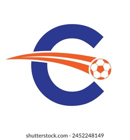 Football Logo On Letter C Concept With Moving Football Symbol. Soccer Sign