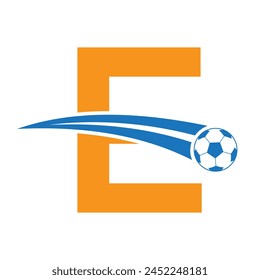 Football Logo On Letter E Concept With Moving Football Symbol. Soccer Sign