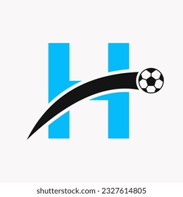 Football Logo On Letter H With Moving Football Icon. Soccer Logo Template