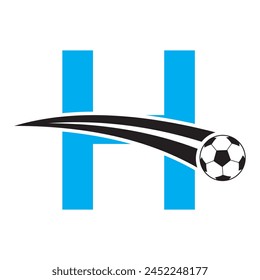 Football Logo On Letter H Concept With Moving Football Symbol. Soccer Sign