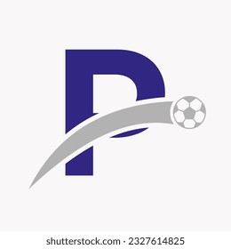 Football Logo On Letter P With Moving Football Icon. Soccer Logo Template