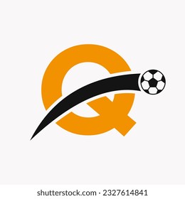Football Logo On Letter Q With Moving Football Icon. Soccer Logo Template