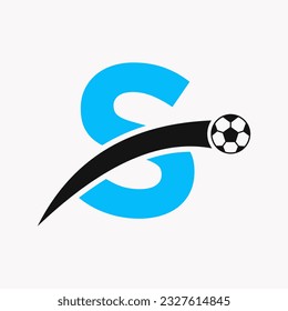 Football Logo On Letter S With Moving Football Icon. Soccer Logo Template