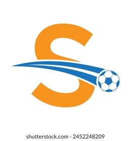 Football Logo On Letter S Concept With Moving Football Symbol. Soccer Sign