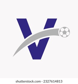 Football Logo On Letter V With Moving Football Icon. Soccer Logo Template