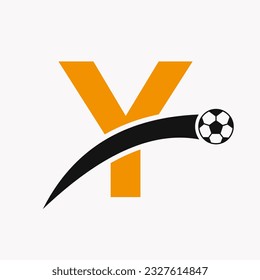 Football Logo On Letter Y With Moving Football Icon. Soccer Logo Template