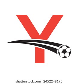 Football Logo On Letter Y Concept With Moving Football Symbol. Soccer Sign