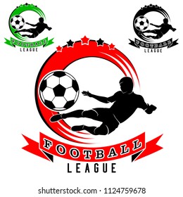 Football logo with football player silhouette and ball, black-red, black-green and monochrome image