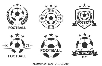 Football logo set with a ball. Soccer club or team emblem, badge, icon design. Sport tournament, league, championship label. Vector illustration.