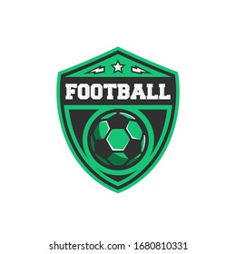 Football logo with sport ball, star, thunderbolt icons and shield backgroud. Modern design template. Football design for logo, label, badge, poster. Vector illustration