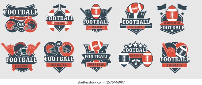 Football logos and prints template collection vector illustration. Set of emblems created with sport inventory put in different positions and shapes flat style design. Sportsman fan concept