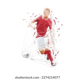 Football low polygonal illustration. Soccer player running with ball, isolated geometric vector drawing. Team sport athlete