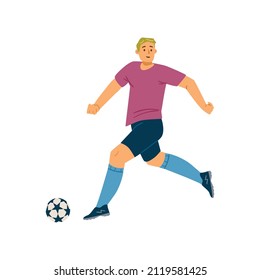 Football male player runs with the ball, flat vector illustration isolated on white background. Man plays professional soccer. Concept of sport and game.