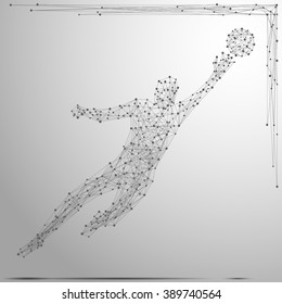  Football man jumping polygonal thin line concept. Abstract football goalkeeper in motion with cybernetic particles. Vector mesh spheres from flying debris.