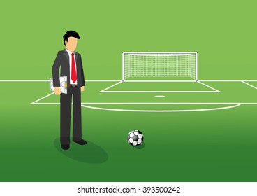 football manager holding tactic board on the field
