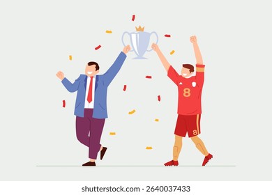 A football manager and team captain celebrating together while lifting a championship trophy