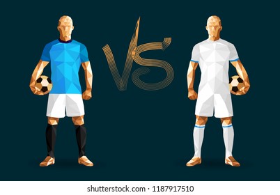 Football,  Manchester City vs Hoffenheim soccer players standing isolated on a dark background with versus sign between them low poly vector illustration