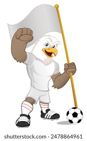 Football mascot Eagle standing with hands raised and holding a flag. Graphic vector