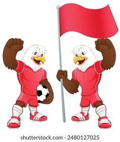 Football mascot Eagle standing with hands raised and holding a flag. Graphic vector