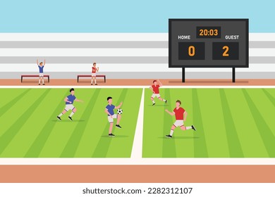 Football match, athletes fighting, kicking ball 2d vector illustration concept for banner, website, illustration, landing page, flyer