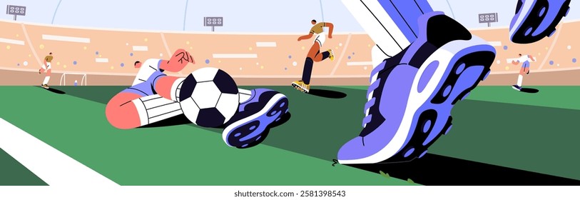 Football match banner. Soccer players play in sport stadium. People in sportswear, uniform pass, kick, hit ball with foot. Sportsmen contest at championship, competition. Flat vector illustration