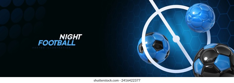 Football match blue vector super wide banner. Soccer league match game layout template on blue dark background. Sport poster with blue football balls. Sport advertising template. 