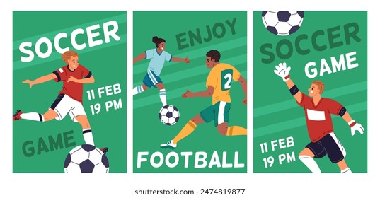 Football match cards. Soccer players kicking ball on stadium field. Dynamic poses of athletes. Championship invitations posters. Sport competition. Footballers playing