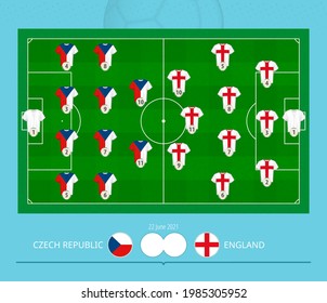 Football match Czech Republic versus England, teams preferred lineup system on football field. Vector illustration.