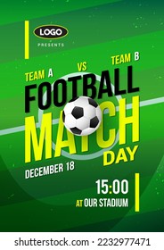 Football Match Day poster vector illustration. Ball on soccer pitch